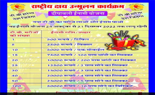 स्वास्थ्य विभाग का दीपावली धमाका ऑफर ,टीबी का मरीज लाने पर 50 हजार का इनाम