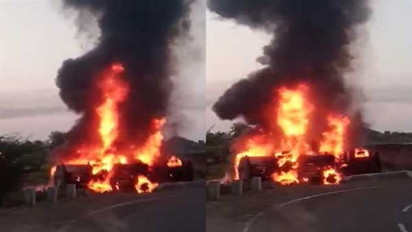 खरगोन में पलटा टैंकर, लगी आग, डीजल निकाल रही युवती जिंदा जली, 7 लोग गंभीर