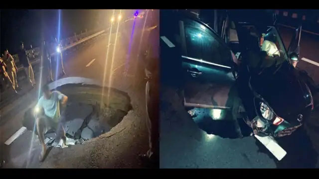 पूर्वांचल एक्सप्रेस वे नहीं झेल सका पहली 12 घंटे की बरसात, 15 फीट धंसी सड़क में फंसी कार