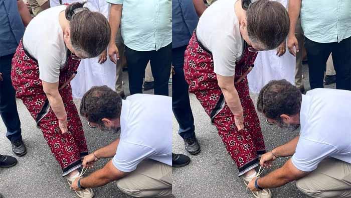 राहुल सोनिया गांधी के जूतों के फीते बांधते नजर आए , शशि थरूर बोले- मां तो मां होती हैं