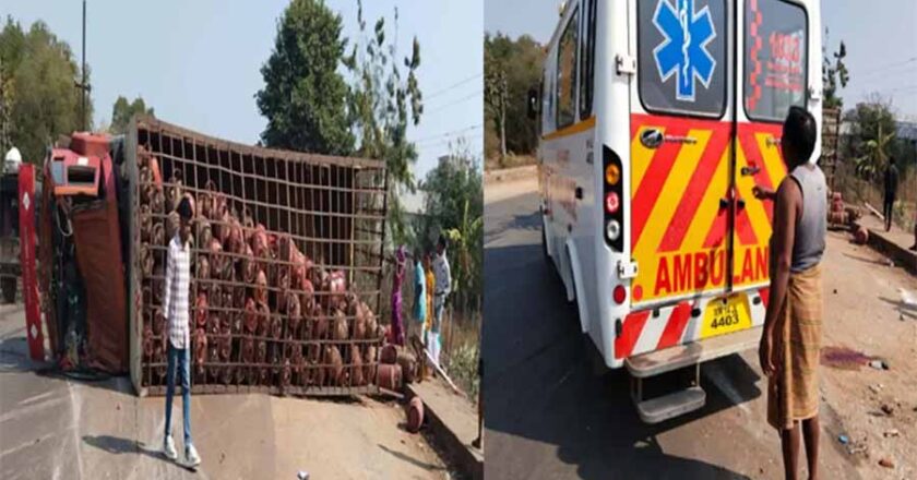 गैस सिलेंडर से भरा ट्रक हाइवे पर पलटा, हादसे में ट्रक चालक की मौत