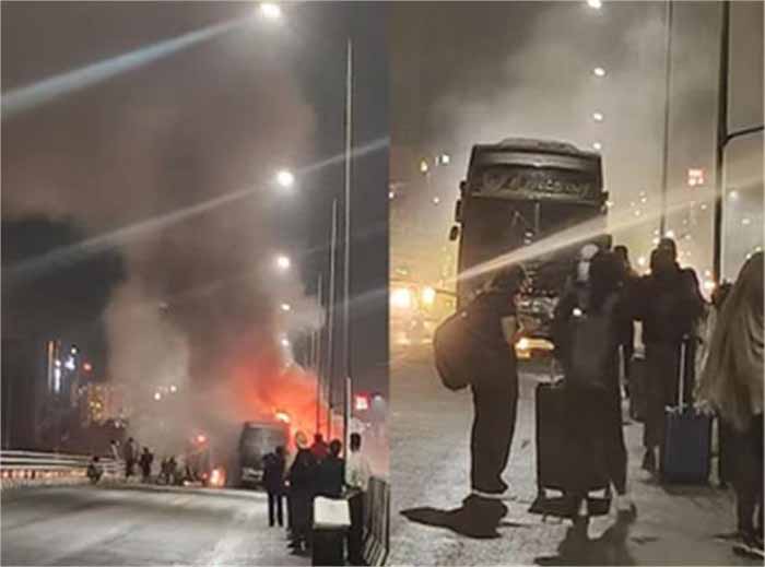 फ्लाईओवर पर चलती टूरिस्ट बस में भीषण आग, यात्रियों में अफरा-तफरी!