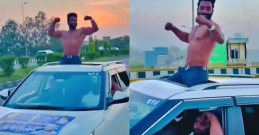 NH-9 पर सनरूफ स्टंट: युवक पर ₹21,500 का चालान